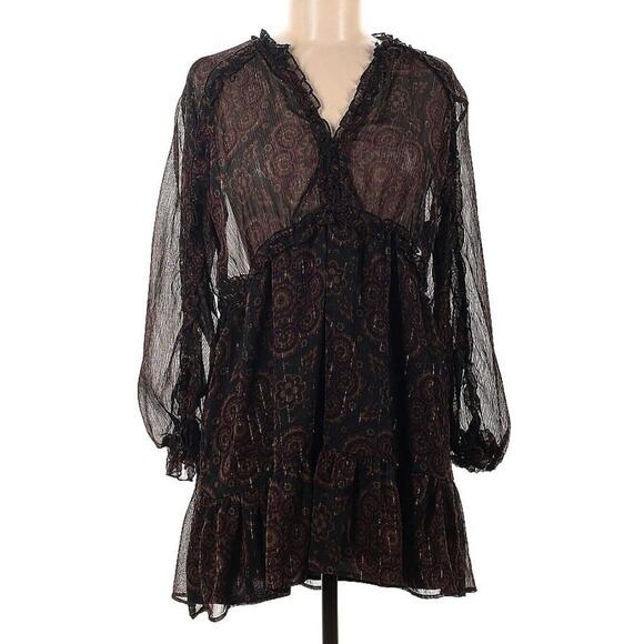 NWT ZARA Black Floral Ruffled Mini Skater Dress Metallic Striping Sz Medium - Picture 8 of 9